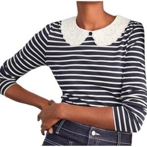 Boden Striped Top Navy Blue White Peter Pan Eyelet Collar Preppy Size 2 NWT